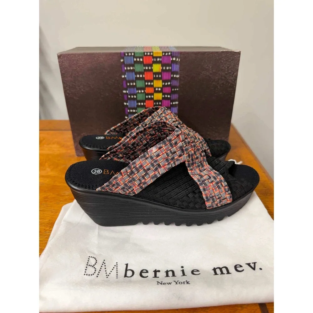 New Bernie Mev 38 7.5 Woven Elastic Wedge Sandals Multi Color Black Slide Shoes